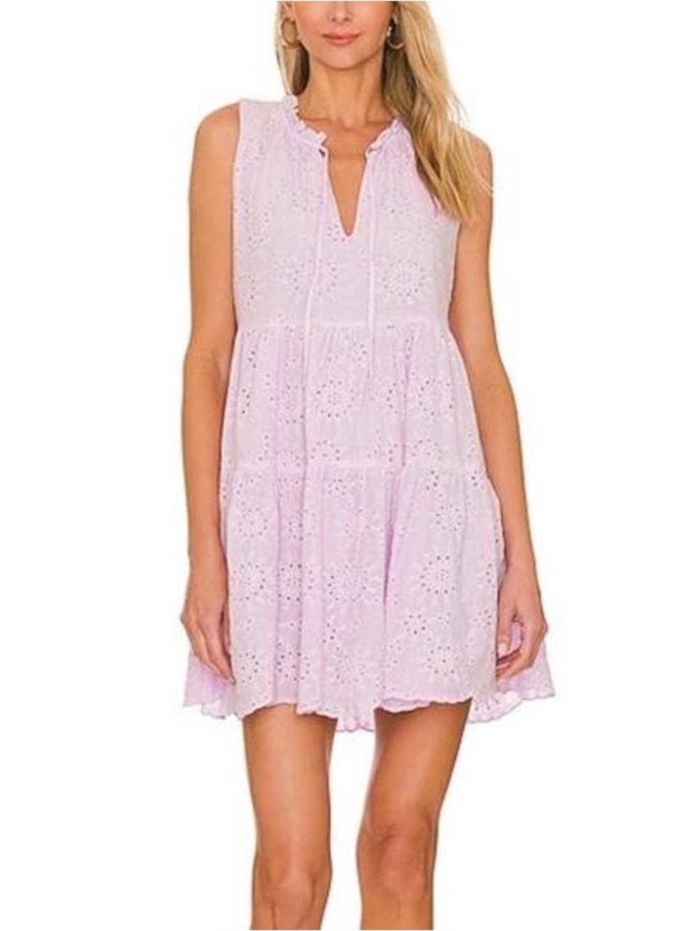 Sleeveless Eyelet Tiered Mini Dress in Light Lavender